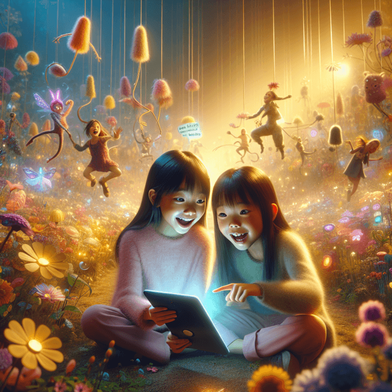 Alida e Lodovica nel prato delle parole – Due amiche giocano tra fiori parlanti e lettere danzanti, inventando rime buffe.