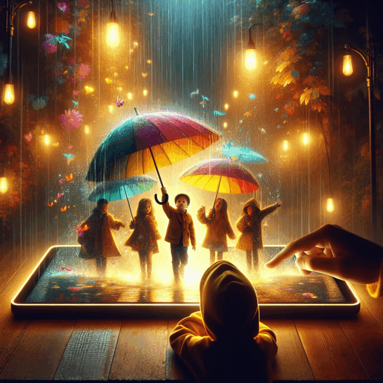 Quattro ombrelli sotto la pioggia - Quattro amici trovano riparo sotto ombrelli di tutti i colori