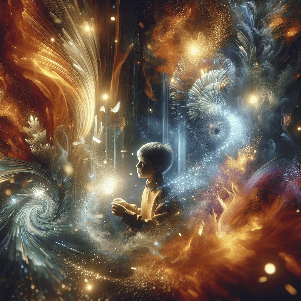 Create a captivating, cinematic, and photorealistic vertical illustration inspired by the concept of childhood imagination where a child, either alone or with a companion, is enveloped in a dreamlike world embodying their passion. Vivid and full of motion, the child is shown visibly engaged, their eyes wide with wonder, as they experience the magical transformation of their environment. The setting, a seamless blend of reality and imagination, is visually plush, filled with dynamic movement, light, and pure inspiration. The scene is shot from a dynamic angle and lit with a mix of warm golden hues, soft ambient glows, and vibrant pastels. Elements symbolic of this dream world flow naturally around the child, subtly adorned with glowing sparks, light trails, and ethereal highlights, forming a surreal yet immersive landscape. The image portrays a balanced mix of photorealism and fantasy, focusing primarily on the child's emotional connection to their dreamlike world.