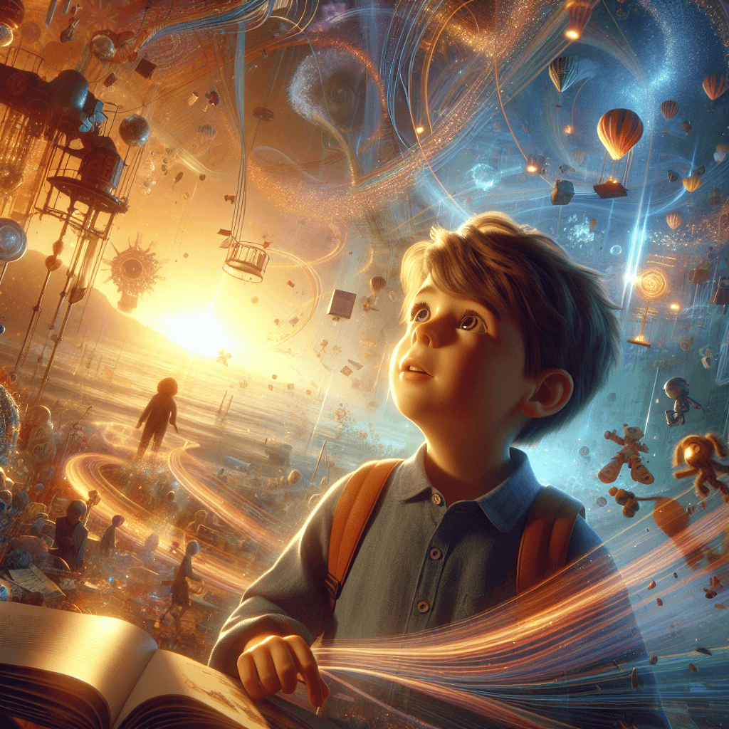 Render a vertical, cinematic and photorealistic illustration of a wide-eyed, curious Caucasian boy engaged in exploring the wonders of his imagination. The surroundings shift dynamically, giving life to his passion for story-telling. The environment is visually rich and immersive, blending warm hues, soft glows, vibrant pastels, and subtle trails of light. The child is completely centered and his emotions form the focal point. Floating elements, filled with inspiration from 'Baule dei Perché: Scoperte Esclusive e Preziose', flow naturally around him creating a surreal but inviting scenery. Maintains a balance between hyperrealistic and fantastical, ensuring optimal mobile and print layout.