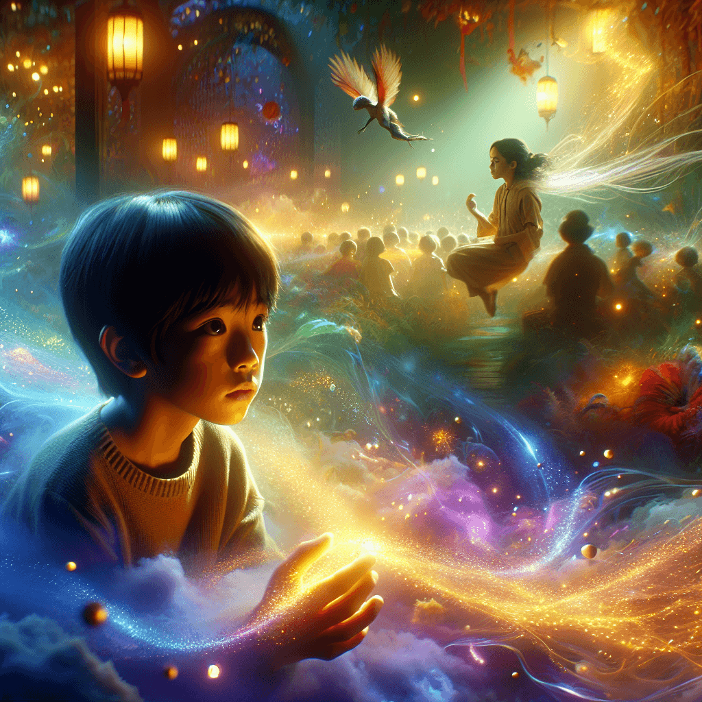 Create a cinematic, vertical illustration inspired by a magical tale of undeniable charm, capturing the essence of childhood imagination. The scene features an East Asian boy or a Caucasian girl, either alone or with a Hispanic companion, immersed in a dreamlike world where their passion materializes. The setting is vibrant, filled with motion, and the child is visibly engaged, their eyes wide with wonder. Emphasize a balance between photorealism and fantasy, with expressive emotions and a rich, immersive atmosphere. Lighting consists of a mix of warm golden hues, soft ambient glows, and vibrant pastels. Details related to the tale float around the child, forming a surreal yet immersive landscape. Floating details like subtle glowing sparks, gentle trails of light, and ethereal highlights enhance the magical effect while keeping the scene clear and readable.