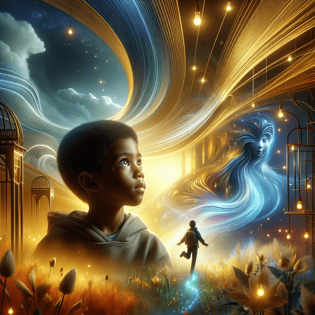 Create a cinematic, photorealistic vertical illustration that portrays the magic of childhood imagination. A South-Asian boy or a Black girl is captivated in a dreamlike world where elements of a captivating unique story dynamically intertwine with reality. The environment is vibrant, moving, filled with light and inspiration, and transforms into an imaginative visual representation. The child's eyes are filled with wonder, embodying curiosity and excitement. Utilize a vertical framing, maintaining a balance between photorealism and fantasy. Apply a dynamic angle to capture the depth of interaction with the story, and create a lighting balance of warm golden hues, soft ambient glows, and vibrant pastels. Lastly, design flowing story-related elements and subtle glowing details for a surreal yet immersive landscape.