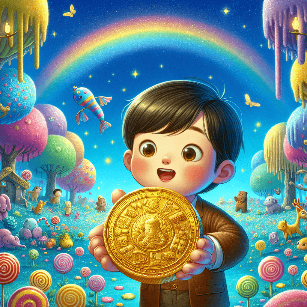 Imagine a whimsical scene for a children's story titled 'The Magical Little Coin: A Sweet and Unforgettable Tale'. Put central focus on a small, gleaming gold coin with intricate carvings. It's held in the small hands of an Asian boy, his eyes wide with fascination and innocence. Around him, the world is vibrant, filled with candy-like trees, multi-colored flowers, and tiny creatures peeking out, all brightly lit under a sapphire blue sky. A large rainbow can be seen arching across the sky, adding to the wonder of the scene.