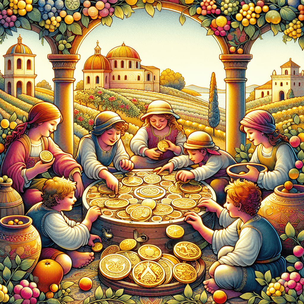 An intricate and lively scene representing the discovery and unmissable rhythm associated with the traditional Italian game of 'Tic Tic la Moneta'. Capture an animated atmosphere with children of various descents such as Caucasian, Hispanic and Middle-Eastern engaging in the game with bright, warm tones to express the joyous ambiance. Include radiant Italian artifacts in the background such as terracotta pottery, old arches, and flowering vineyards. Make sure the coins used in the game are clearly visible, reflecting the sunshine with a stylish gleam.