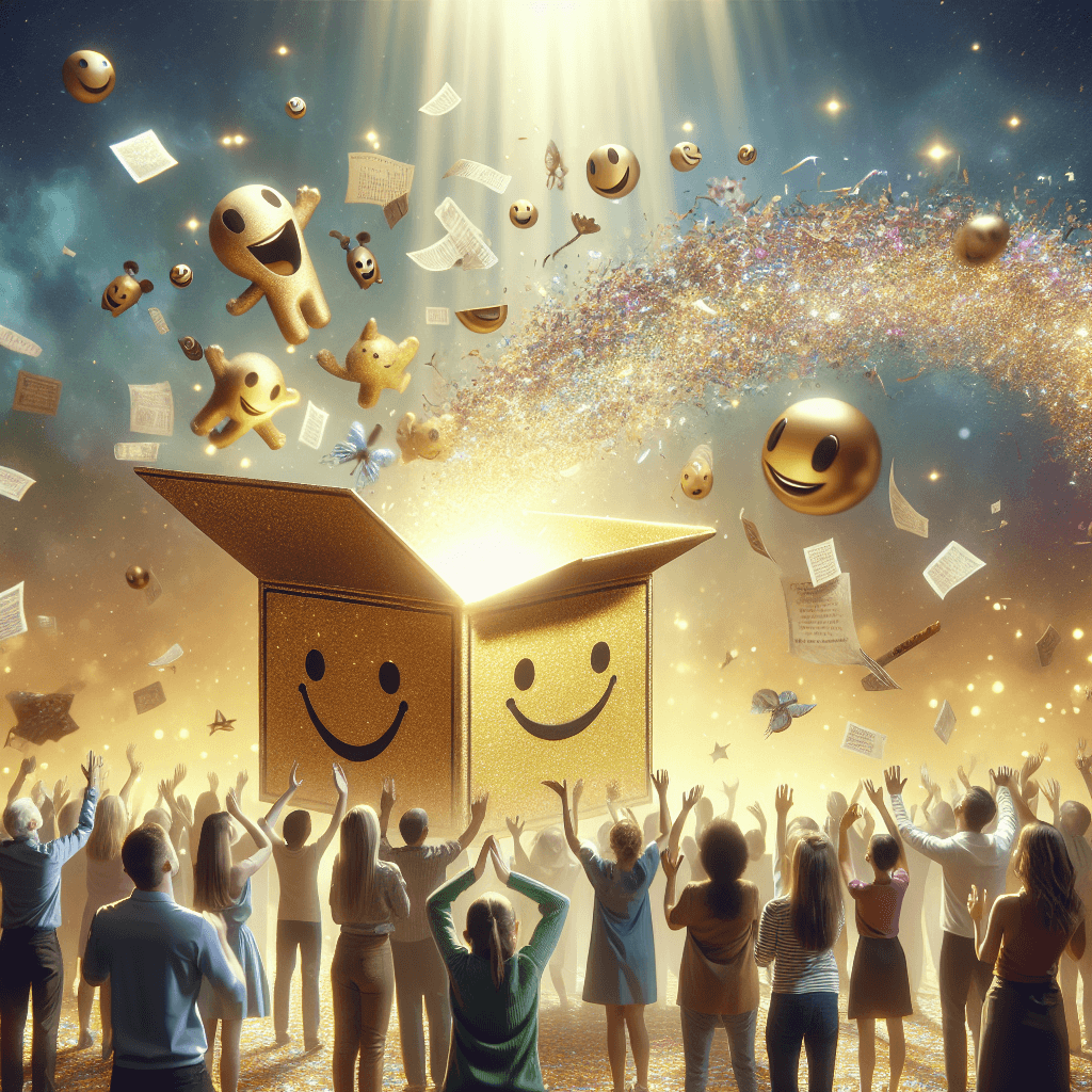 Visualize an enchanted tiny box, named 'The Magic Little Box', which has an otherworldly ability to transmute objects into smiles. It leaves a trail of joyful reactions in its wake. Capture the moment as confetti swirls in the air and golden rays illuminate the scene, while the people around, of various backgrounds, witness the spectacle with astonished and delighted gasps, each displaying different expressive smiles appearing on their faces as they interact with the magical box.