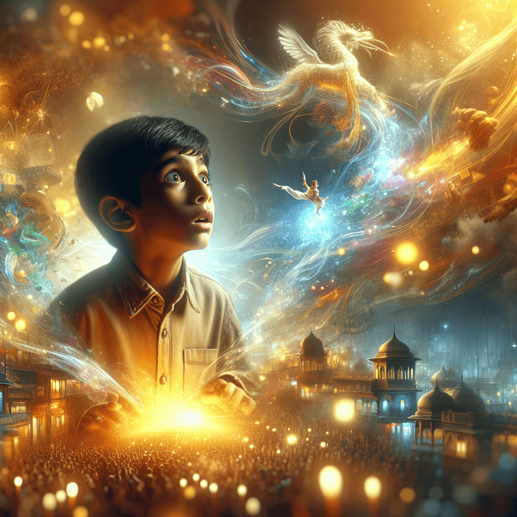 Create a highly detailed and cinematic vertical illustration. The scene showcases a South Asian boy, eyes wide with wonder and amazement, fully immersed in a world that is a dreamlike projection of his vivid imagination. His passion manifests in dynamic elements hovering around him, seamlessly blending with his reality in an array of movement and light. Use a balanced hybrid of photorealism and fantasy, making sure the composition is rich and immersive. The scene should be characterized by warm golden hues, soft glows, and vibrant pastels, with subtle glowing sparks and ethereal light trails enhancing the sense of magic. The scene should be visually coherent, maintaining an engaging, dreamlike aesthetic but not overly surreal or artificial. The child's emotional connection to the elements of his imaginative world should be the prime focus, showcasing his interaction with the dynamic narrative encompassing him.