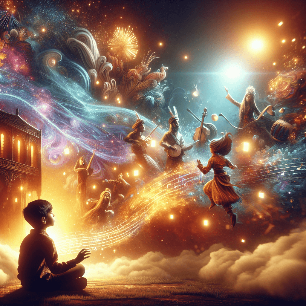 Create a vertical, cinematic and photorealistic illustration filled with the magic of a child's imagination. The scene features a South Asian boy or a Middle Eastern girl visibly engaged in a dreamlike world where elements of a fantastical musical adventure dynamically emerge and blend with reality. The setting is vibrant and animated with the child experiencing the story with wide-eyed wonder. The environment shifts into a rich visual representative of their imagination, highlighted by movement, light, and inspiration. Utilize a complex mix of warm golden hues, soft ambient glows, and vibrant pastels. The subjects are captured from a dynamic angle with elements of the narrative flowing naturally around them, forming an immersive, surreal landscape filled with subtle glowing sparks and ethereal highlights.