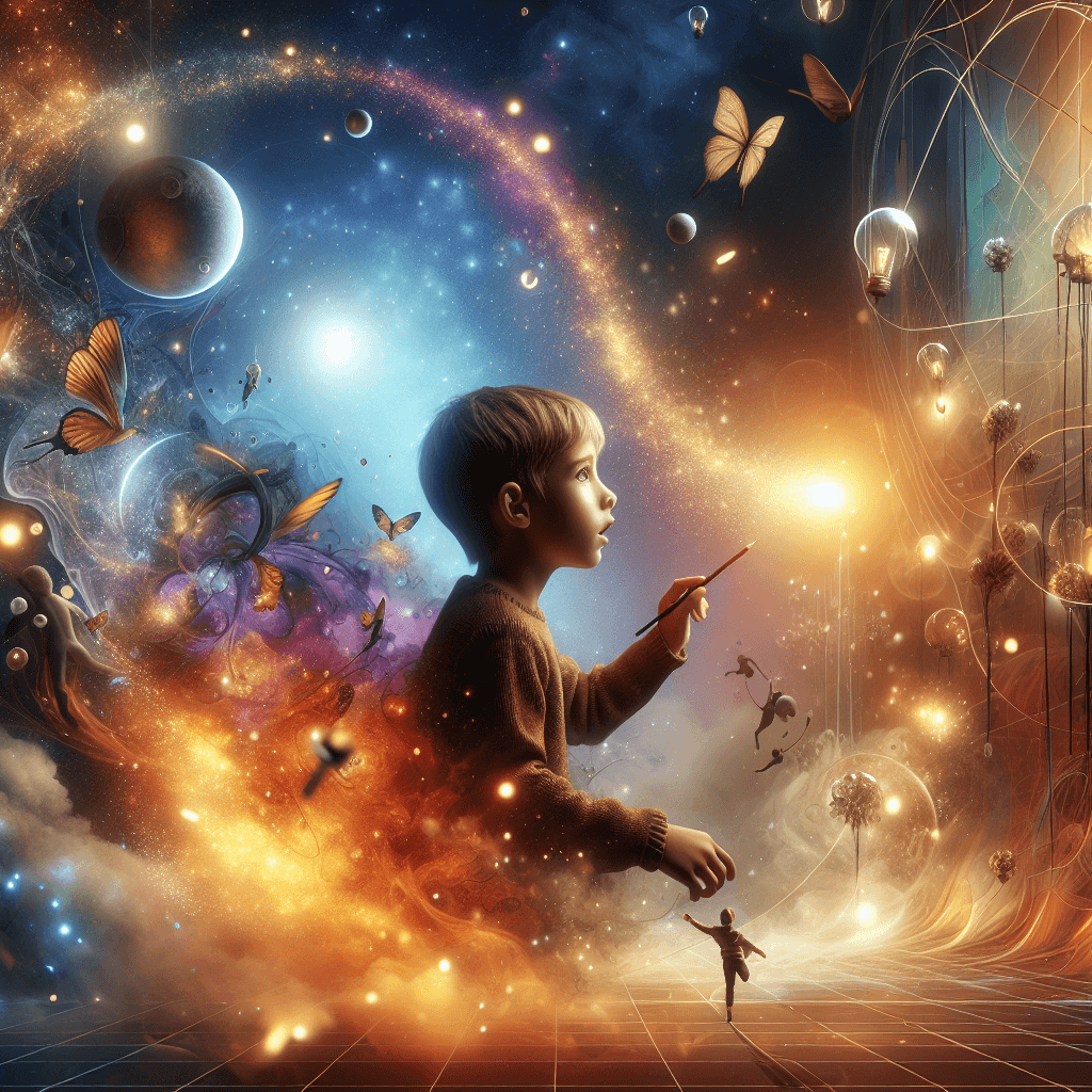 Create a vertical, photorealistic illustration that captures a child's imagination inspired by an unwritten story. The child can be either a boy or a girl and should appear fully engaged, with eyes wide in wonder. Surround the child in an ever-changing environment reminiscent of their imagination, full of vitality, movement, light, and motivation. Their world should be a blend of reality and fantasy, with elements related to the unwritten story dynamically emerging around them. Frame the scene with a dynamic angle and use a mix of warm golden hues, soft ambient glows, vibrant pastels to create inviting lighting. Include subtle glows and delicate trails of light to enhance the magical feel and maintain a clear and legible scene. The image should communicate the child’s emotions and connection to the story, ensuring the feel of the world is immersive but not overly artificial.