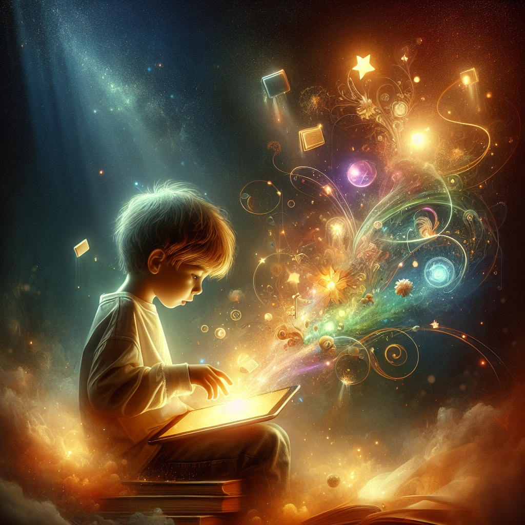 Create a captivating, vertical illustration depicting the charming essence of childhood imagination. Set in a dreamlike, cinematic setting, a young child, either a boy or a girl, is wholly absorbed in exploring their glowing tablet. From the tablet springs forth elements related to 'Leo: La Sua Prima Paghetta e la Tentazione Irresistibile', transforming their surrounding environment into a fantastical representation of their imagination. A harmonious blend of realism and fantasy is conveyed through the lavish play of warm golden hues, ambient glows, and colorful pastels which bathe the scene. Subtle floating sparks, gentle trails of light, and ethereal highlights accentuate the tablet's magic, fusing with the child's reality. The focus is on the child's overwhelming sense of wonder, supported by vibrantly shifting details that narrate a story. All the while, maintaining balance in the surrealism to ensure realism.