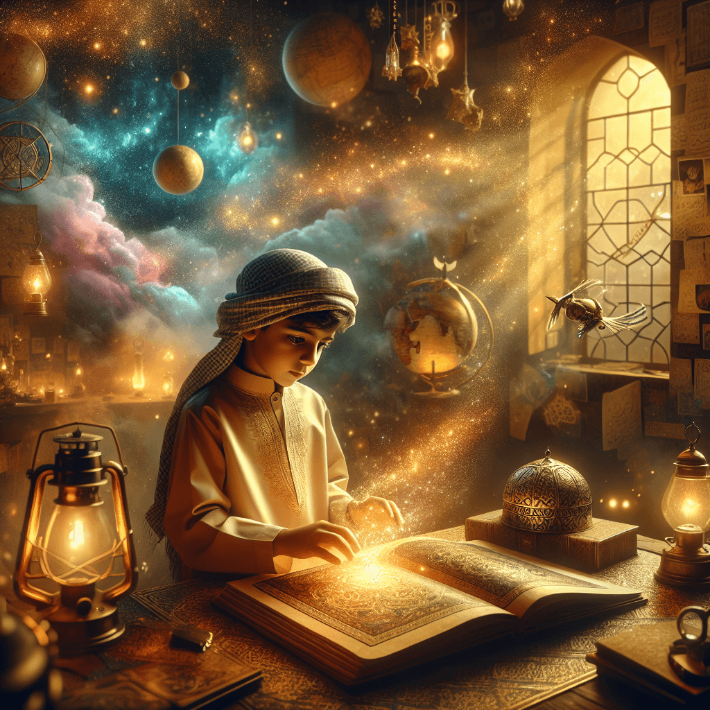 Craft a portrait-oriented, cinematic, and photorealistic image capturing the essence of childhood wonder and imagination, inspired by the theme of 'Moneta Magica: Scopri il Potere dell'Attesa!'. Visualize a Middle-Eastern boy fully engrossed in the midst of an enchanted world born from his imagination. The environment around him abounds with elements related to 'Moneta Magica: Scopri il Potere dell'Attesa!', all intertwined with the world's reality creating a surreal landscape. The setting brims with dynamic motion, filled with warm, gold-toned lighting, pastel hues, and gently glowing sparks of magic. Prioritize the child's emotion and connection with the story while keeping a balanced blend of realism and fantasy, creating a visually captivating scene.