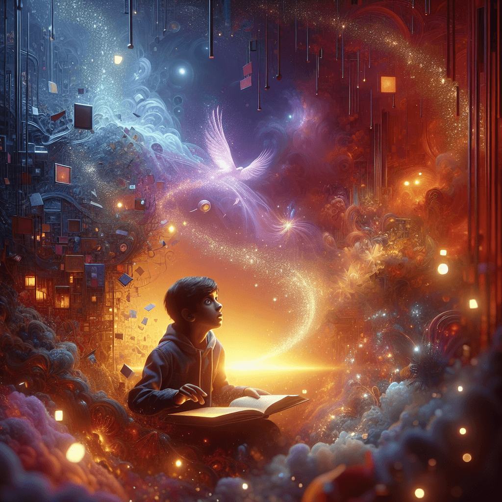 Craft a cinematic, photorealistic vertical illustration where a South Asian boy is deeply engrossed in a fantasy world that mirrors 'Nella Borsetta della Luna: Esclusiva Metafora Poetica'. Nestled in a setting brimming with life, his eyes are wide open with wonderment as he discovers pieces of his passion story. The environment swirls dynamically, manifesting a dreamlike atmosphere filled with dazzling light and stimuli. In a tall, portrait-oriented frame, the scene is captured from a dynamic angle. Rich warm hues, soft ambient glows, and vibrant pastels set the mood. Additionally, elements morph around him, forming a captivating but tangible landscape aided by tiny radiant sparks, trails of light, with subtle spectral highlights to emphasize the magical touch.