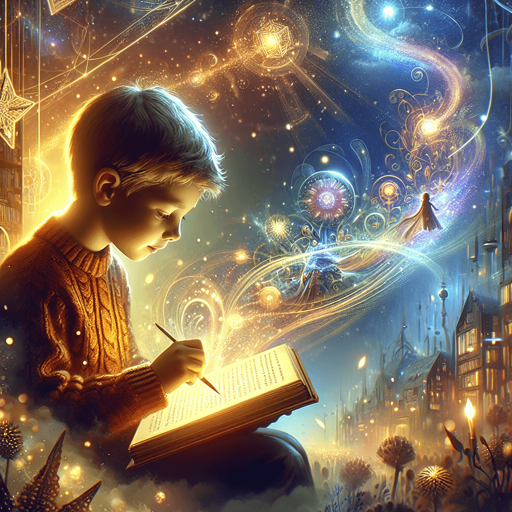 Create a detailed and engaging vertical illustration that captures the marvel of a child's imagination. The image centers on a Caucasian boy or Asian girl, deeply engaged in reading from a glowing tablet inspired by 'Paghetta Galattica'. As they read, elements related to the story flow naturally from the tablet, merging seamlessly with their real-world environment, which transforms into a dynamic, dreamlike representation of their imagination. Portray this scene with a balance between photorealism and fantasy, using a vibrant mix of warm golden hues, soft ambient glows, and pastel colors for a rich, immersive atmosphere and a cinematic look. The scene features dynamic motion and includes minor details like glowing sparks, light trails, and ethereal highlights that enhance the magical effect but maintain readability. The setting is vibrant and full of movement, with the child visibly captivated, eyes wide with wonder. The tablet's use as a portal between reality and imagination should be consistent throughout the image.