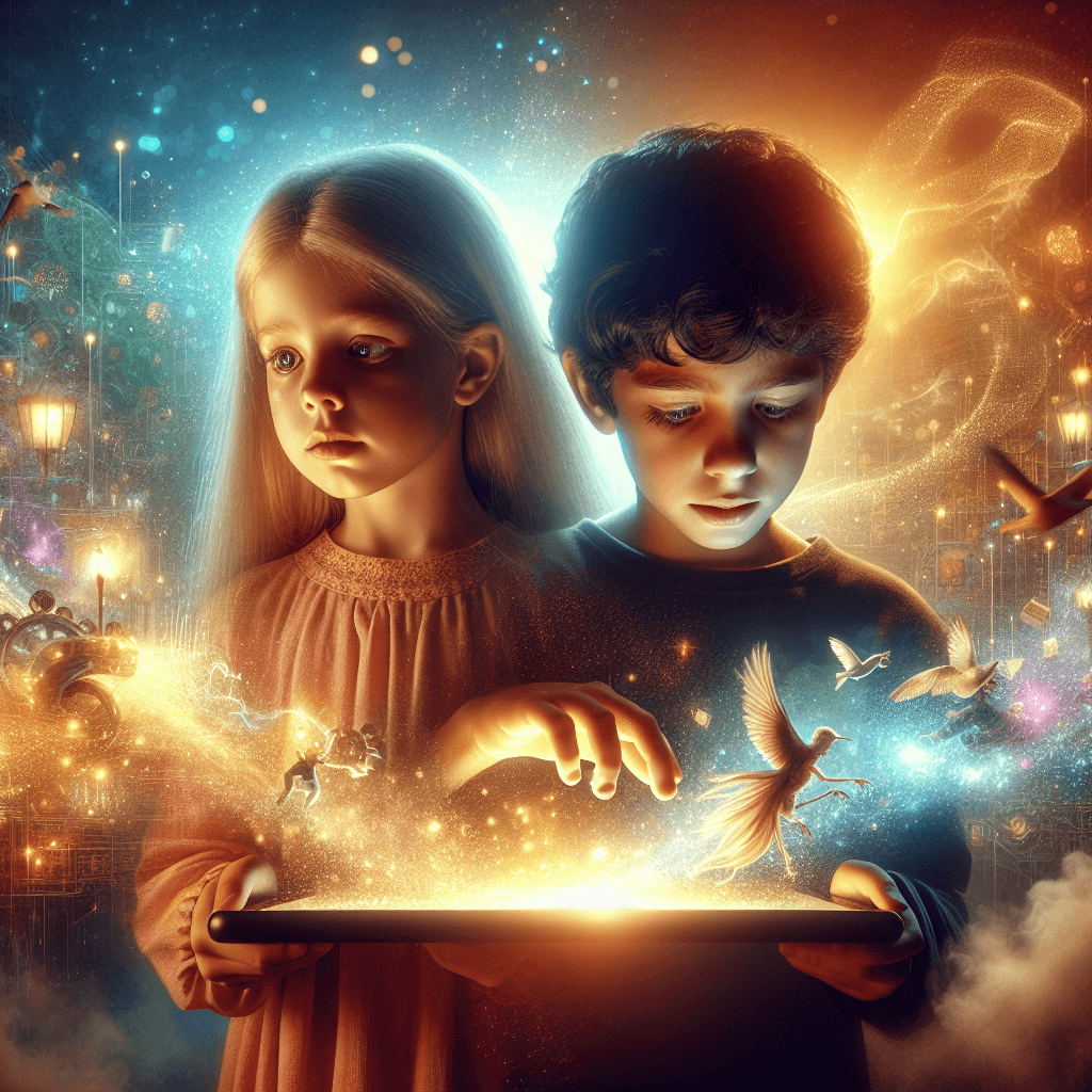 Create a spectacular, vertical image depicting a photorealistic illustration of childhood wonder. The scene showcases a Caucasian girl, and a Middle Eastern boy, both consumed by their imagination triggered by a glowing tablet. From the tablet, elements associated with an engaging, unnamed narrative emerge and blend with their reality, introducing a dreamlike aesthetic. The environment is vibrant and dynamic, transforming to mirror the children's imaginations. Their expressions should convey curiosity and excitement. The scene is bathed in a mix of warm golden hues, soft glows, and vibrant pastels with floating, glowing sparks and trails of light enhancing the magical ambiance. The tablet acts as a gateway between reality and imagination, maintaining a dreamlike aesthetic without being overly surreal or fantastical. The central focus remains on the children's emotions and their connection to the unfolding narrative.
