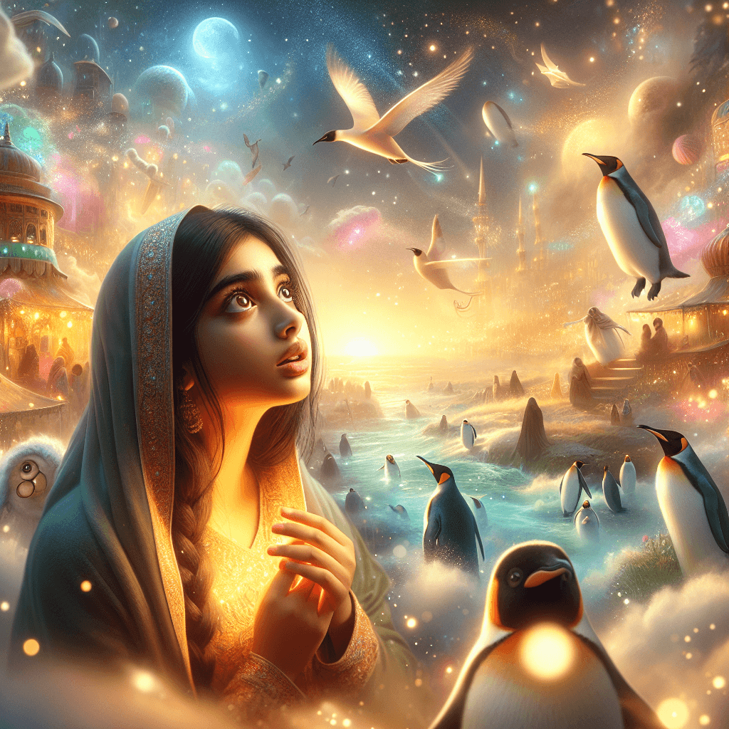 Envision a vertical, cinematic, photorealistic illustration of a South Asian girl transfixed in a magical world inspired by her own imagination, a place where penguins with pockets become a fascinating and unique reality. The dreamlike scene unfolds in a lively environment filled with vibrant colors, warm golden hues, and soft ambient glows accompanied by pastel crescendos. Her eyes wide with wonder, the protagonist engages with the story appearing around her, as elements of this fantastic narrative blend seamlessly with her surroundings. Subtle sparks of glow, ethereal highlights, and gentle trails of light dramatize this surreal landscape, making it equally magical and inviting. All the while, the line between the dream realm and reality is carefully navigated, maintaining a balance between fantasy and realism.