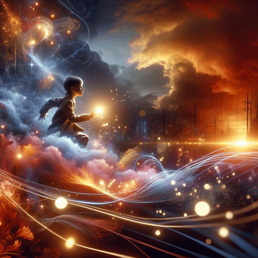 Depict a cinematic, photorealistic, vertical illustration capturing the magic of childhood imagination. The scene features a child, either Caucasian female or Black male, experiencing a dynamic dreamlike world where their passion forms around them, blending seamlessly with reality. This setting is filled with movement, light and vibrant colors. The child, eyes wide with wonder, is deeply engaged in their story. The environment transforms to represent their imagination, visually rich and inspiring. The design consists of rich warm hues and soft ambient glows. Elements associated with 'Rumori Tintinnanti: Scopri la Magia Sonora Unica' flow naturally around the child, forming a surreal yet immersive landscape, enhanced by subtle glowing sparks, gentle trails of light, and ethereal highlights.