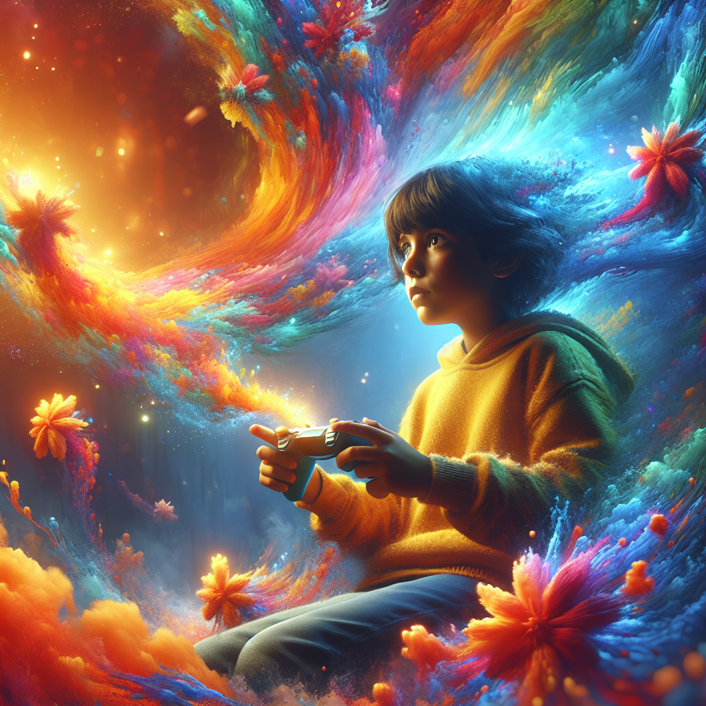 Generate a vertical, cinematic, photorealistic illustration inspired by the concept of a 'Beloved Children's Game'. The scene features a child of Hispanic descent, displaying their colorful and vibrant imagination. The child could be alone or accompanied by an Asian descent friend, interacting with elements of a vibrant, dynamic world that emerges dynamically around them, seamlessly blending with their reality, and representing the joy and magic of childhood inspiration.The scene's framing and composition should be portrait-oriented, balancing dreamlike realism and fantasy, simultaneously portraying expressive emotions and creating a rich, immersive atmosphere. The child/children involved should be lifelike, their engagement with their surroundings evoking curiosity and excitement.The scene needs to be shot from a dynamic angle capturing the depth of their interaction with their imagined game. Maintain warmth and vibrancy with a mix of warm golden hues, soft ambient glows, and vibrant pastels. Elements related to the beloved children's game flow naturally around the child/children, forming a surreal yet immersive landscape. Floating details such as glowing sparks or trails of light enhance the magical effect of the overall composition.The scene should focus on the child's emotions and their connection to their self-crafted story, ensuring that the world feels immersive but not overly artificial.